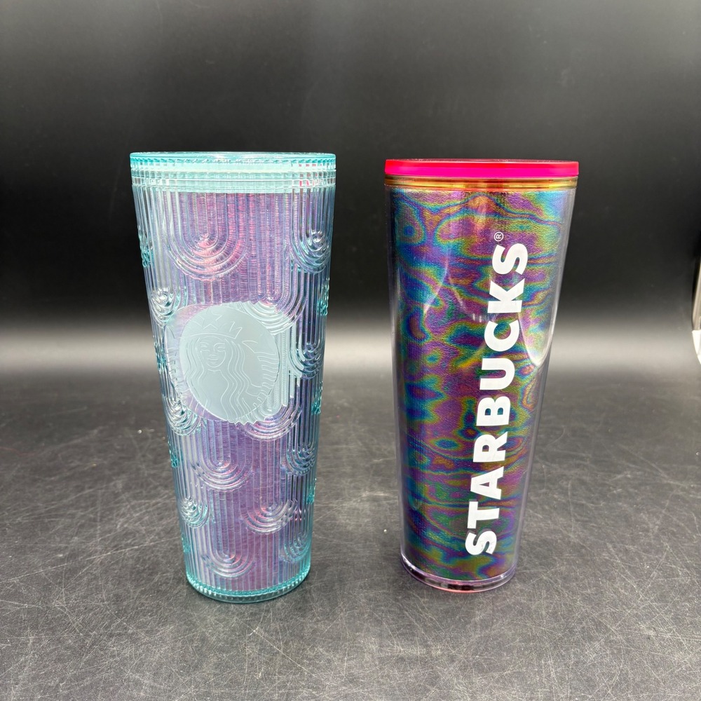 Starbucks 24oz Venti Tumbler Set Iridescent Blue & Oil Slick Rainbow No Straws